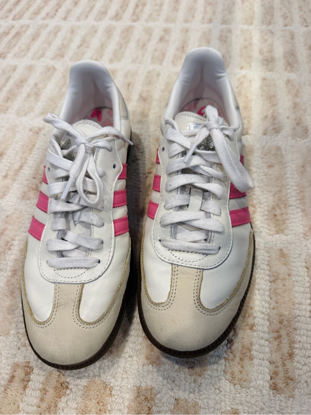 adidas White Sneakers with Pink Stripes